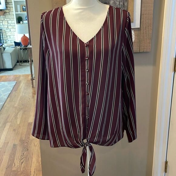 Evereve Allison Joy Maroon Stripe Tie Front Blouse - Picture 1 of 8